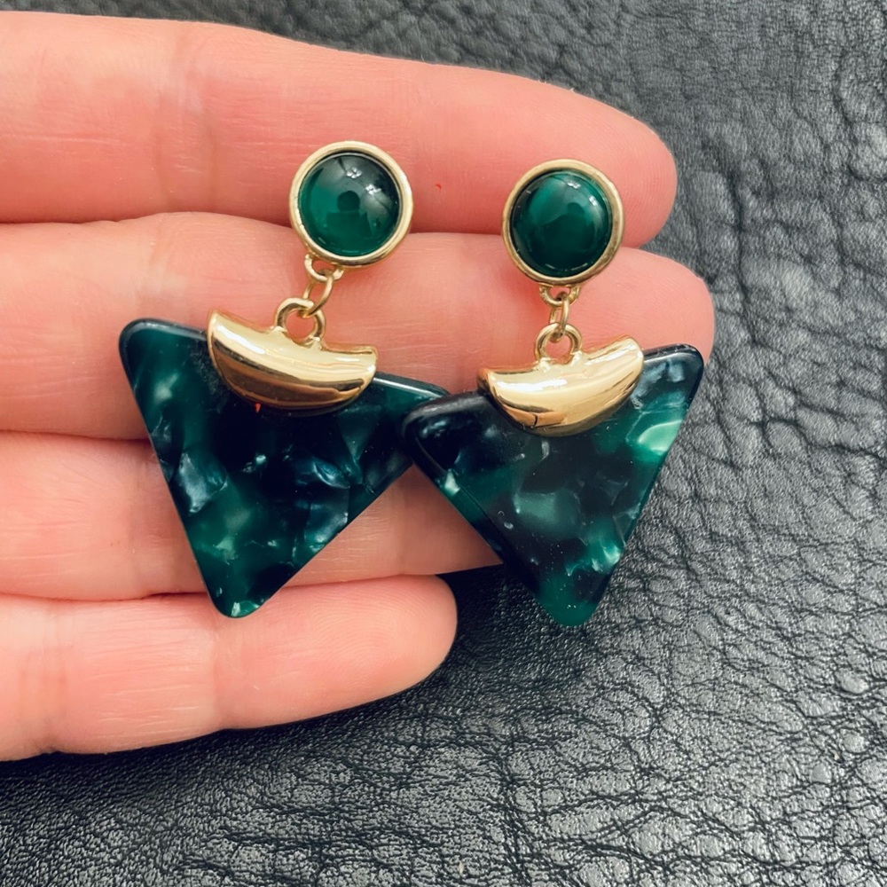 Green stone triangle earrings